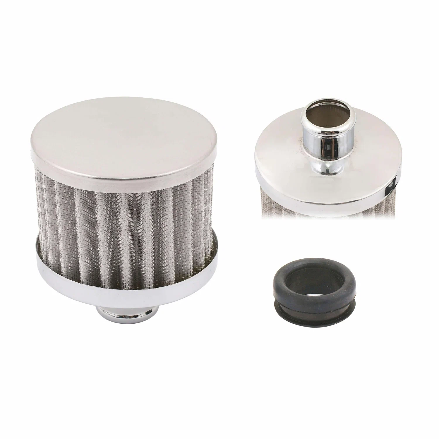 Mr. Gasket Valve Cover Breather Push-In Round Steel_Rubber Chrome 2049G